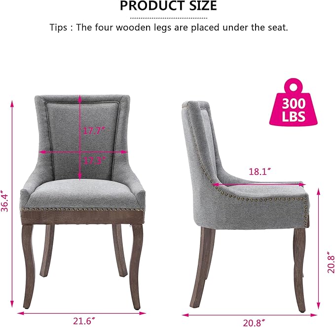 Farmhouse Dining Chairs Set of 4, Upholstered Fabric Dining Room Accent Chairs with Wood Legs & Bronze Nailhead, High Wingback Kitchen Chairs for Living Room Hotel Apartment, Gray