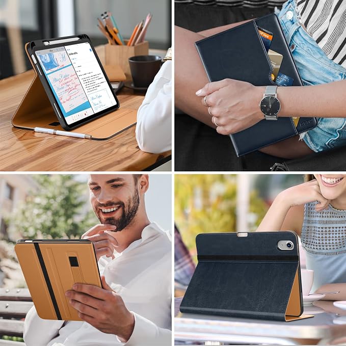 DTTO for iPad (A16) 11th Generation 11-inch &amp 10th Gen Case Brown | Premium Leather Business Cover with Pencil Holder Hand Strap &amp Pocket Corner Protection Auto Sleep/Wake for Work &amp