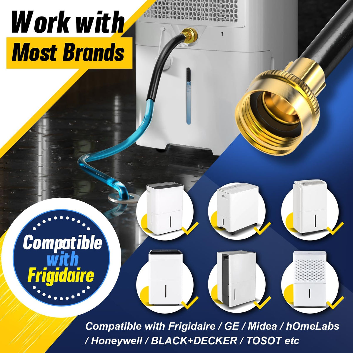 (7 Length Options) Dehumidifier Drain Hose with 3/4 Inch FHT Connector, Featuring Rust-Resistant Brass Fittings for Leak-Proof Connection, Perfectly Compatible with Most Dehumidifier Brands