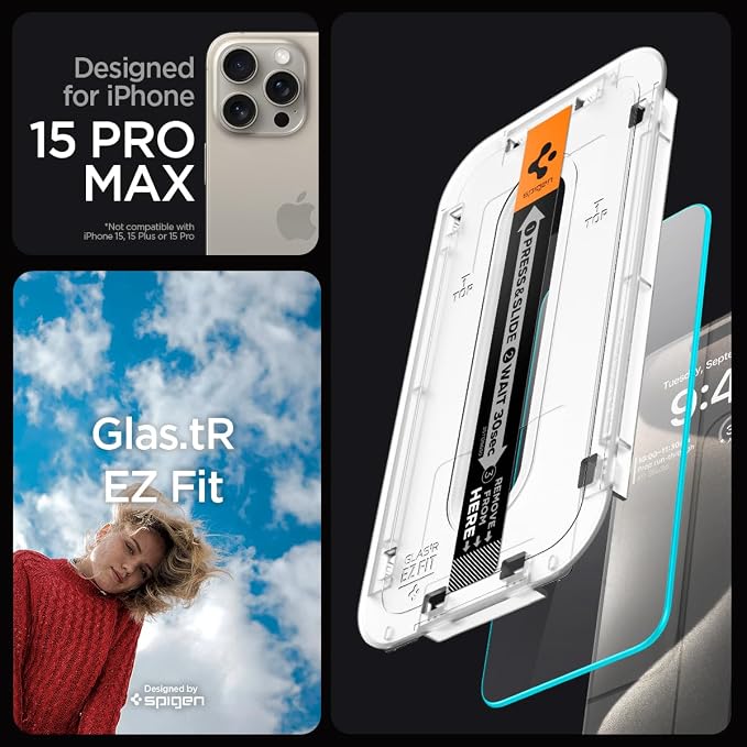 Spigen GlasTR EZ FIT Tempered Glass Screen Protector for iPhone 15 Pro | 9H Hardness Tempered Glass Easy Installation Kit Case-Friendly Crystal Clear Touch Responsive Oleophobic Coating