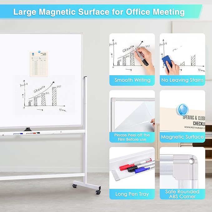maxtek Rolling Whiteboard 72x48, Large Double-Sided White Board Dry Erase on Wheels, Giant Magnetic White Board Standing for Office, School, Home Office, Homeschool (Sliver)