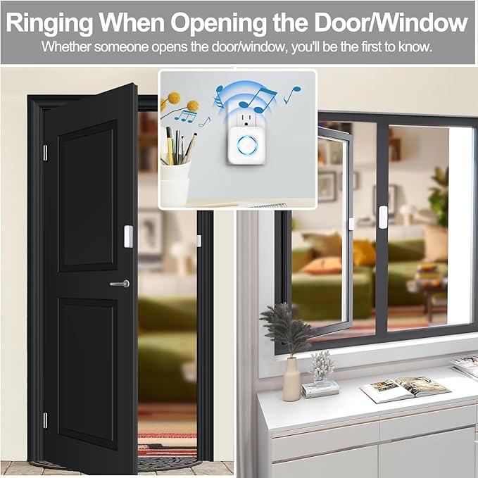 Door Chime, Satisure Wireless Door Open Contact Sensor Alarm Chime with 600 FT Range 58 Chimes 5 Volume Levels LED Indicators (2 Receivers & 2 Sensors)