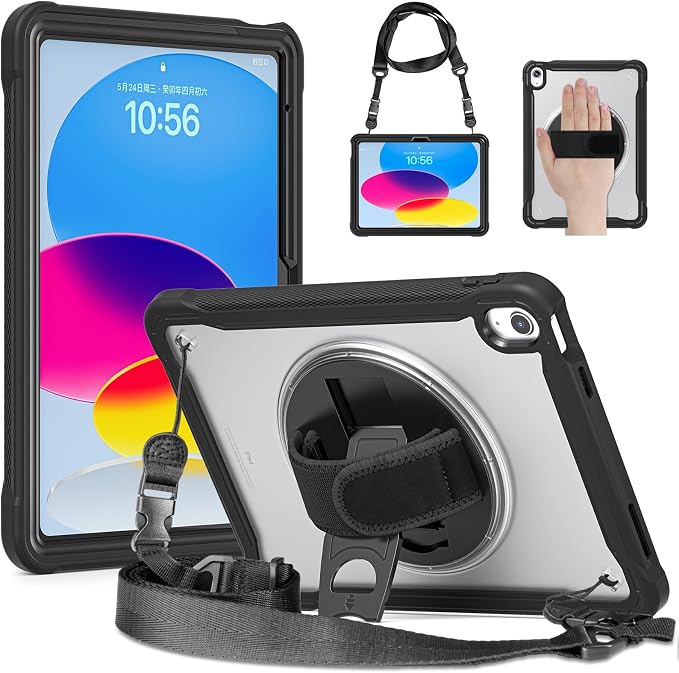 Case for iPad (A16) 11th/10th Generation 2025/2022 11/10.9 inch Rugged Shockproof Protective Cover with Screen Protector 360° Rotating Hand Strap&ampStand Pencil Holder Black