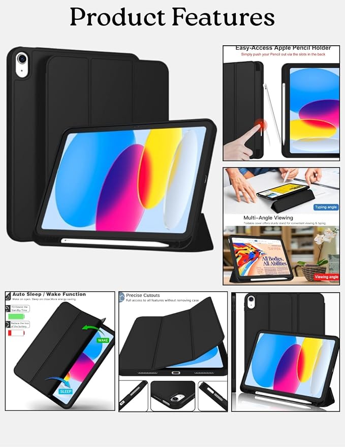 ProElite Smart Case for iPad (A16) 11th/10th Generation (2025/2022) Auto Sleep/Wake Cover Left Side Pencil Holder Soft Flexible Case Recoil Series - Black