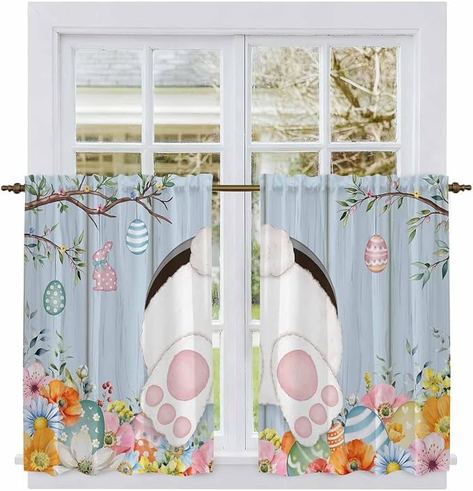 Easter Kitchen Curtains 45 Inch Long 2 Panel Set, Rod Pocket Window Treatment