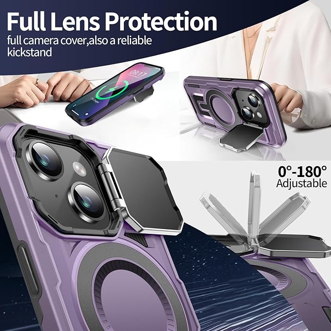 Camera Stand Case for iPhone 13/14, [Compatible with Mag Safe] [Lens Cover] 2024 Version Military Grade Protective Soft Case for iPhone 13/14 6.1 inch Men Women, Purple