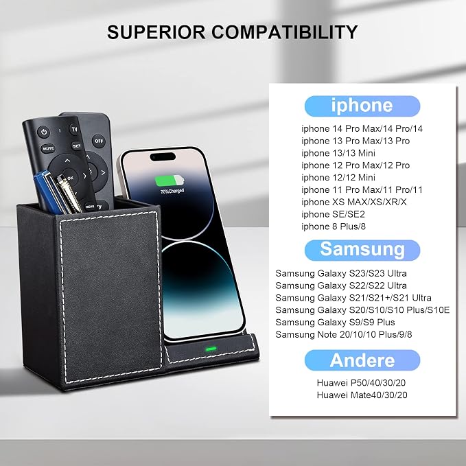 Wireless Charger with Desk Organizer Wireless Charging Station for iPhone 13/13 Pro Max/13 Pro/12 Series/11/XS Max/XR/X/8Plus/SE 2 Wireless Charging Stand with Leather… (Black)