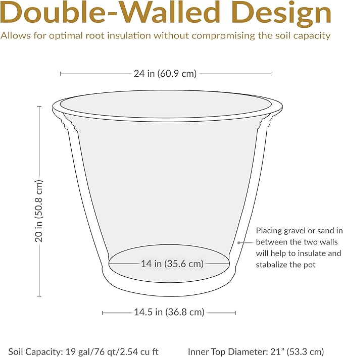 Sunnydaze 24-Inch Anjelica Large Plastic Pot for Plants - Double-Walled Outdoor Polyresin Round Planter Porch Pot with Drillable Drainage Holes - Slate