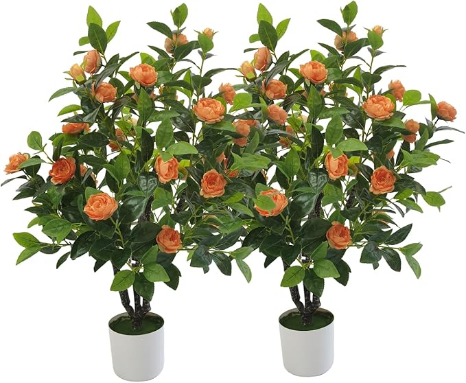 Artificial Camellia Tree 35in Faux Floral Plant with Orange Flowers and Green Leaves - No Maintenance Indoor Outdoor Office Home Porch Decor Housewarming Gift(2-Pack，Orange)