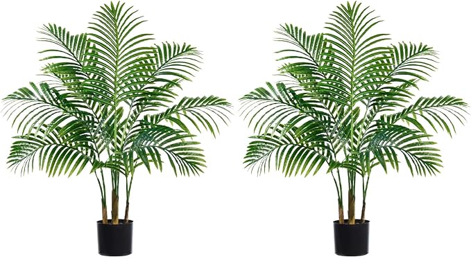 2 Pack Artificial Palm Tree 3FT Artificial Plants Indoor Tropical Fake Palm Tree Areca Floor Plant in Black Pot with 9 Trunks & Real Bark Design, Faux Palm Plant for Outdoor Patio Home Office Decor