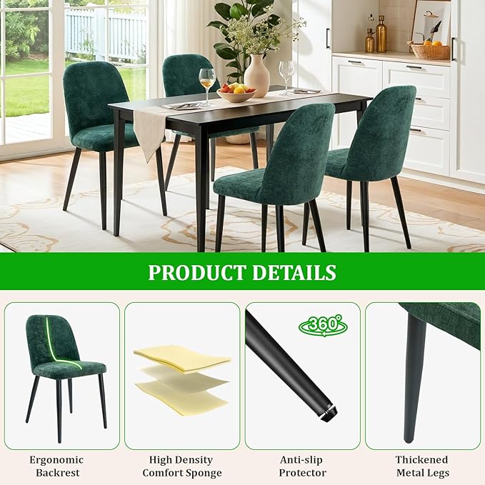Upholstered Dining Chairs Set of 6, Mid Century Modern Fabric Dining Room Chair High-Back Padded Kitchen Chairs with Padded Seat and Metal Legs for Kitchen Dining Room Restaurant Cafe, Green