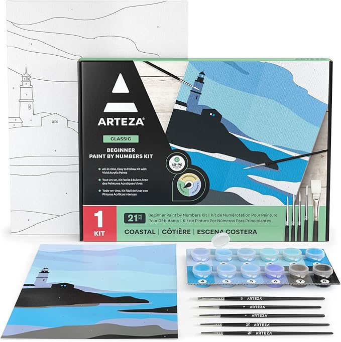 Arteza Paint by Number for Adults, 12x16 Inches, 21 Pieces, Coastal Paint by Numbers Kit with 1 Canvas Panel, 12 Acrylic Paint Pots, 5 Paintbrushes, Art Supplies for Beginners & Hobby Painters