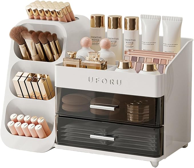 Makeup Organizer for Vanity with Brush Holder, Countertop Organizer with 2 Drawers, Spacious Cosmetic Display Case for Beauty Essential, Skincare, Lipstick