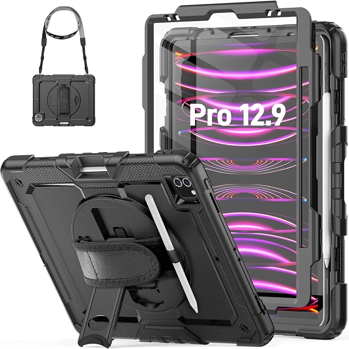 HXCASEAC Case for iPad Pro 12.9 Case (6th 5th 4th 3rd Generation) Shockproof Design | Pencil Holder | Hand Strap | Screen Protector | Heavy Duty Protective iPad 12.9 inch 2022/2021/2020/2018 - Black
