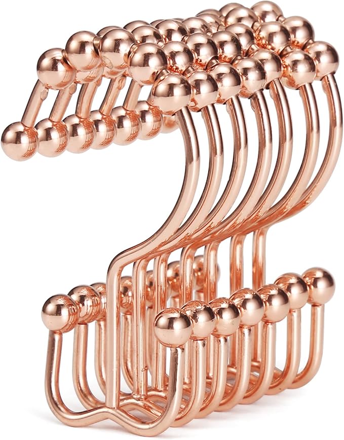 Shower Curtain Hooks, Goowin Shower Curtain Rings, Stainless Steel Shower Curtain Hooks Rust Proof Free Sliding Double Shower Hooks for Curtain, Shower Curtains & Liners (Rose Gold)