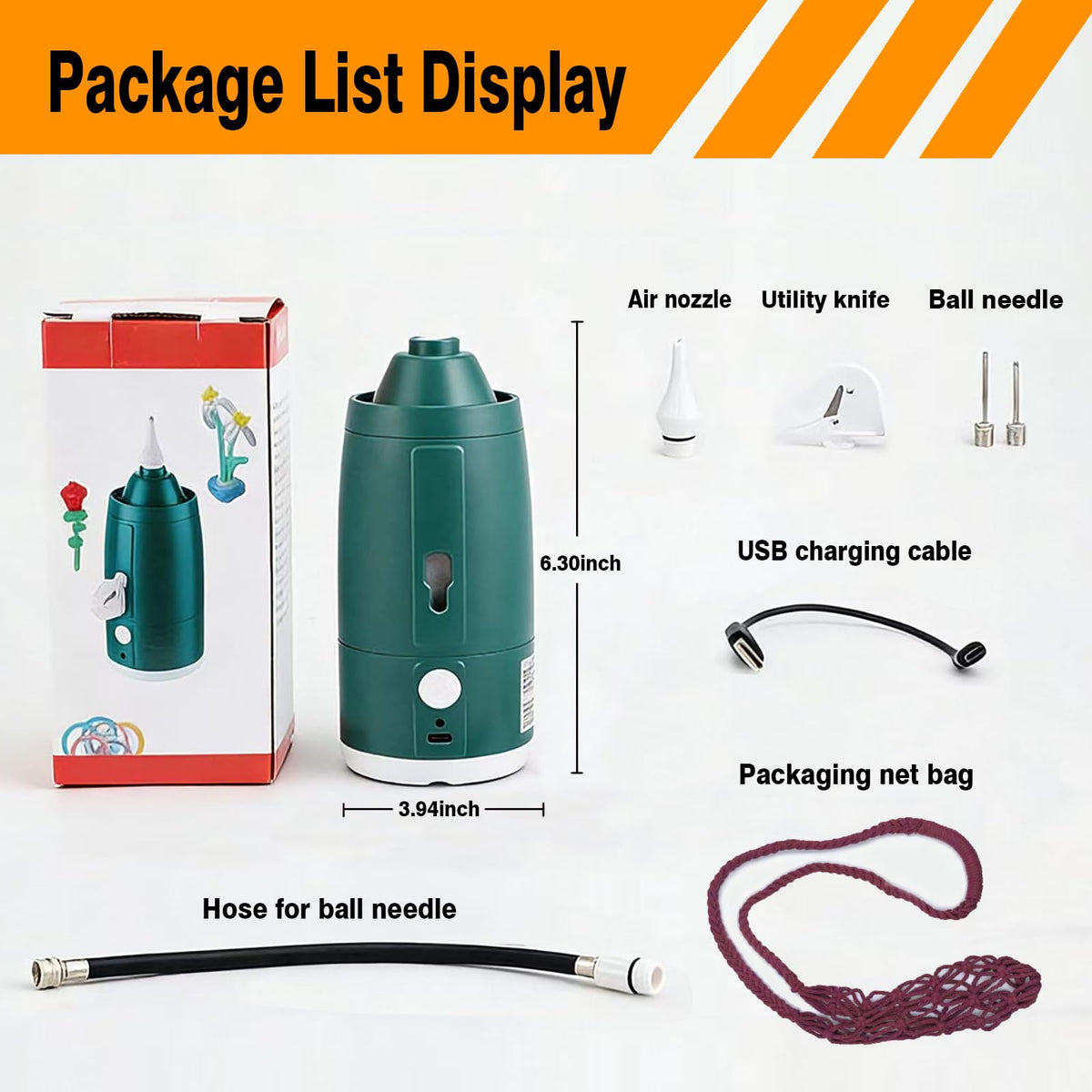 Rechargeable Cordless Portable Electric Balloon Pump - Built-in Battery Air Machine, Dual Modes for Latex/Foil/Balloon/Basketball, Includes Red Mesh Bag, Perfect for Party/Birthday Decor