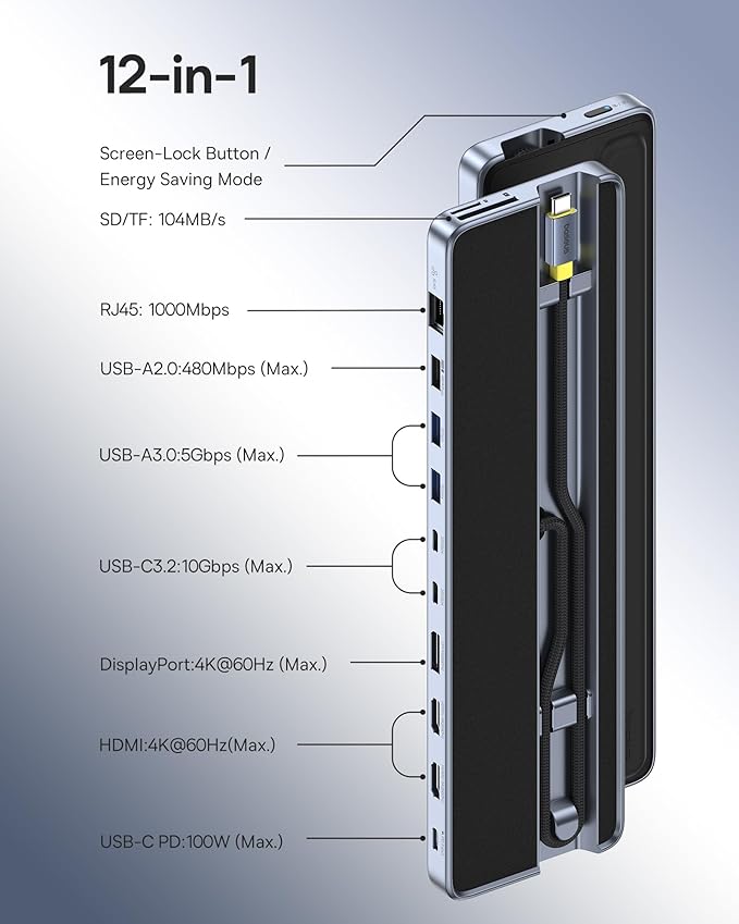 Baseus Laptop Docking Station Stand, 12 in 1 Triple 4K Display HDMI/DP, 10Gbps USB A/C Fast Data, PD 100W, Ethernet, TF/SD, USB C Docking Station with Stand for Windows/Dell/HP/Lenovo/Asus/Acer/Mac