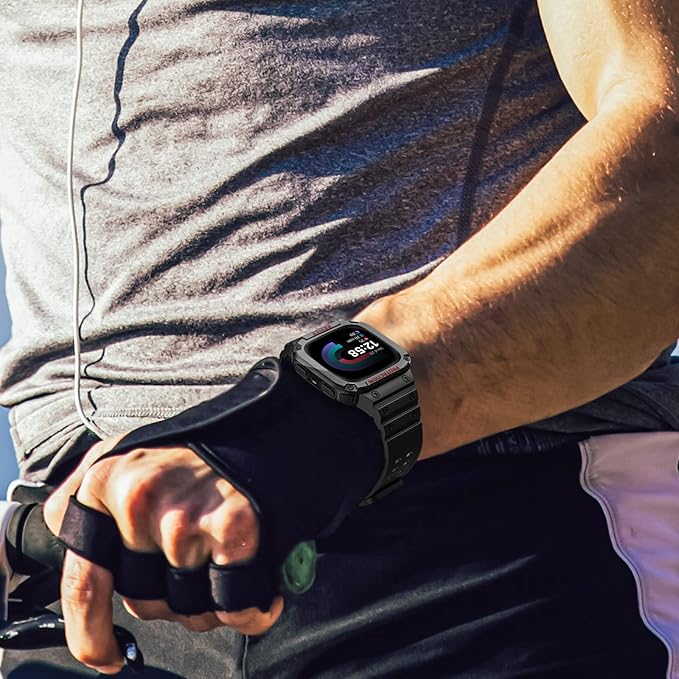 FINTIE Bands with Case Compatible with Fitbit Versa 4/3/2/1/Versa Lite/Fitbit Sense 2/Sense, Protective Case Strap Rugged Sport Band Men, Black