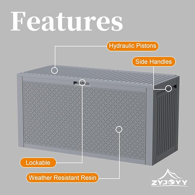 Outdoor Storage Box, 90 Gallon Deck Box, Waterproof Resin Storage Bin for Patio Cushions, Gardening Tools, Lockable, UV Resistant, Grey