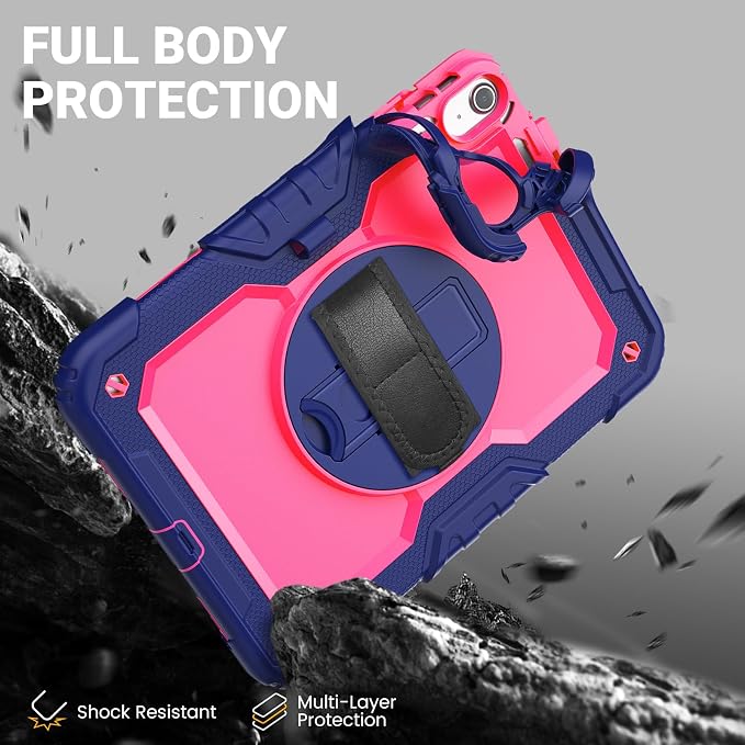 Case for iPad (A16) 11th/10th Generation 11''/10.9'' 2025/2022: Shockproof Protective Case with Hand/Shoulder Strap Pencil Holder Rotate Stand Screen Protector Black