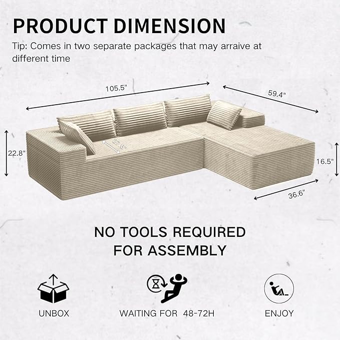 105.5" Modular Sectional Sofa L-Shape Chaise, Modular Cloud Couch Sofa with Deep Seat, Upholstered Couches for Living Room Bedroom No Assembly Required (Beige)
