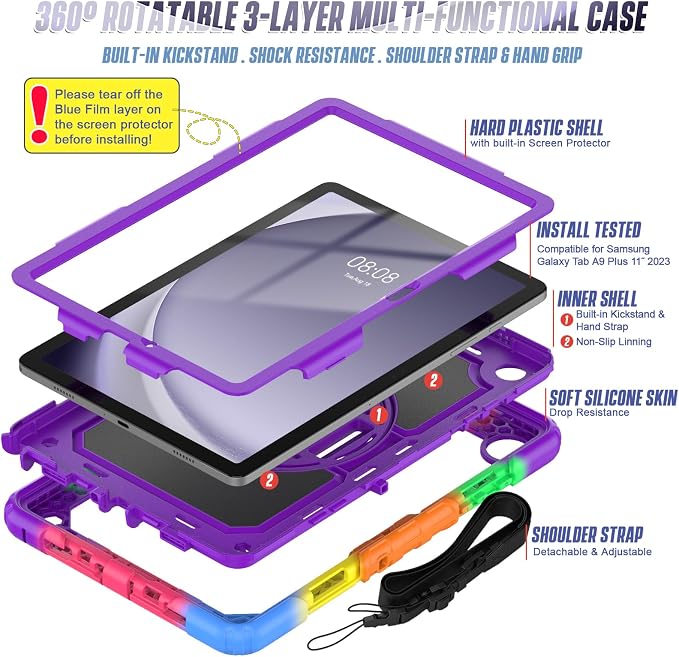Case Compatible with Galaxy Tab A11 Plus 2026/ A9 Plus 2023 11-Inch Model SM-X230/SM-X236/SM-X238/SM-X210/SM-X216/SM-X218 with Screen Protector Pen Holder Stand Shoulder Strap Handle Grip