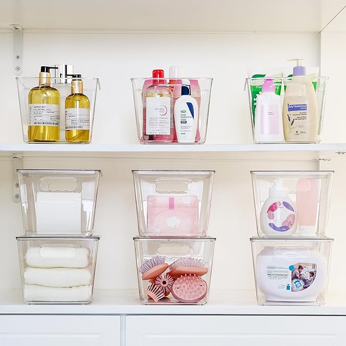 Vtopmart 2 Pack Clear Stackable Storage Bins with Lids, Large Plastic Containers with Handle for Pantry Organizer and Storage,Perfect for Bathroom,Cabinet,Kitchen,Fridge,Closet Organization