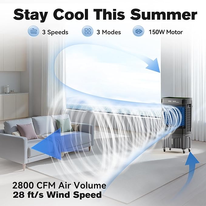 Auertech 8.5 Gal Swamp Cooler, 2800 CFM Portable Evaporative Air Cooler with 3 Speeds, Remote, 12H Timer, 120°Oscillation, Portable Air Coolers for Room, Garage, Bedroom