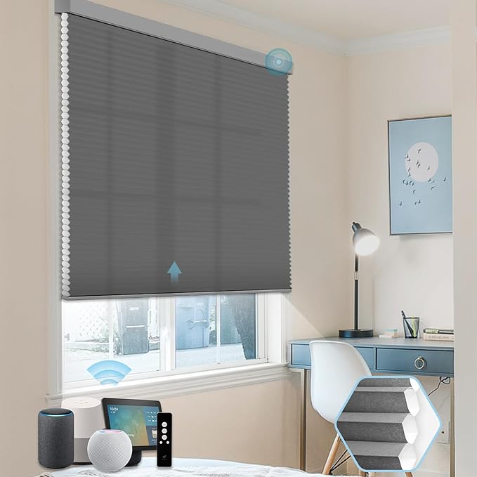 SmartWings Motorized Cellular Shades, Honeycomb Blinds Compatible with Zigbee/Alexa/Z-Wave/Homekit, Wireless Remote Control for Smart Home and Office in Customized Size,70% Blackout Ash Grey