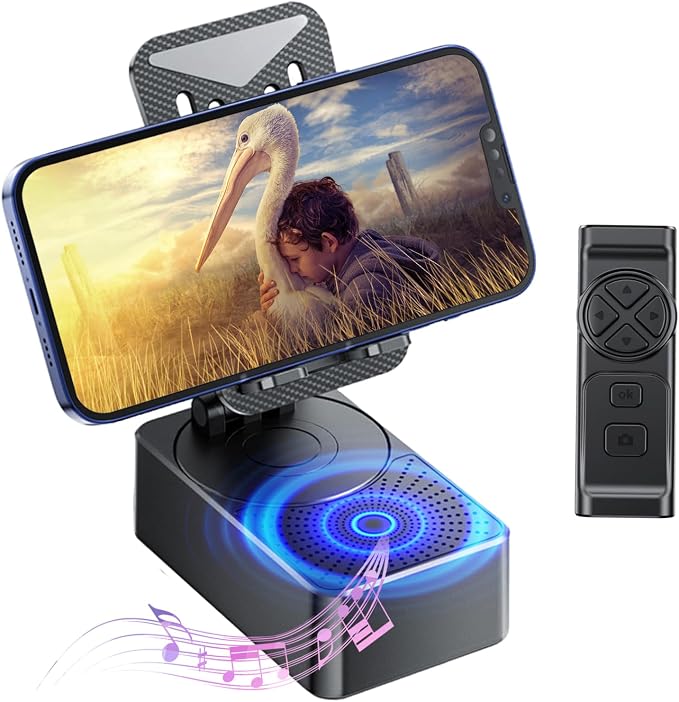 Phone Stand with Speaker with Bluetooth 5.3Phone Stand with Remote Control &amp Adjustable Height/AngleNon-Slip Silicone BasePortable for Home/Office/OutdoorGifts for Men Women Teens Parents