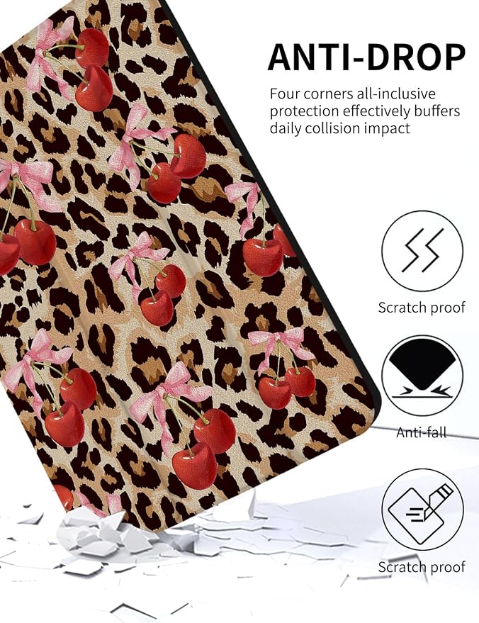Case for iPad 9th/ 8th/ 7th Generation Case 10.2&amp10.5 Inch (2021/2020/2019 Release) Slim Lightweight Soft Trifold Back Cover with Pencil Holder &amp Auto Sleep/Wake Cover Cherries Cheetah Bows