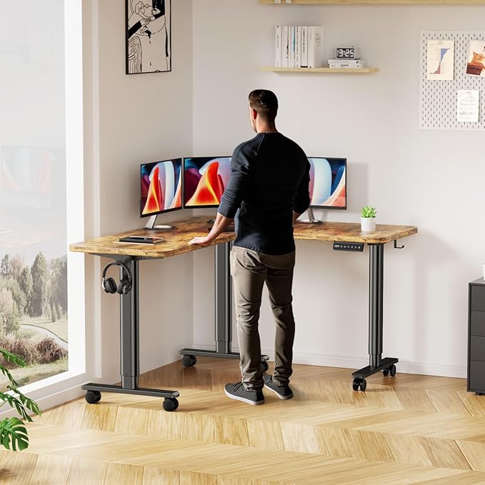 Flycity Electric L Shaped Standing Desk Adjustable Height, 63" x 55" Corner Stand Up Table, Home Office Desk, Dual Motor Sit Stand Desk, Computer Desk with 3 Memory Preset & Lock, Rustic Brown
