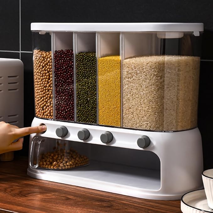 ETOYA Dry Food Dispenser, Wall mounted 5 Grid Cereal Dispenser,Rice dispenser 25 pounds Kitchen Storage with Measuring Cup for Kitchen, Pantry, Restaurant & Bulk Food