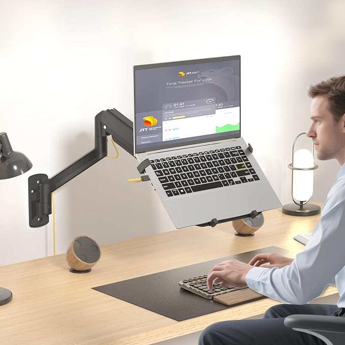 WALI Single Arm Laptop and Monitor Wall Mount for 17" Notebook and Up to 32" Screen, Full Motion Adjustable Wall Mount with Laptop Tray, VESA 75x75 100x100, Holds 15.4-22 lbs, Black (GSWM001LP)