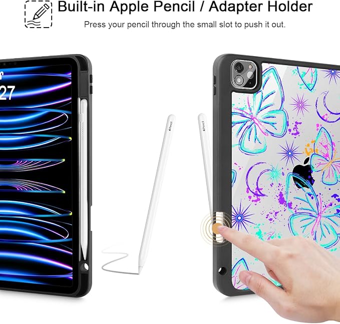 Mektron Case for iPad Pro 11 inch Case M2 2022 Generation 4th Fit 2021 2020 2018 iPad Pro 11 (3rd 2nd &amp 1st Gen) -Buit in Pencil Holder with Shockproof Cover Clear Shell Blue Bows &amp Flower