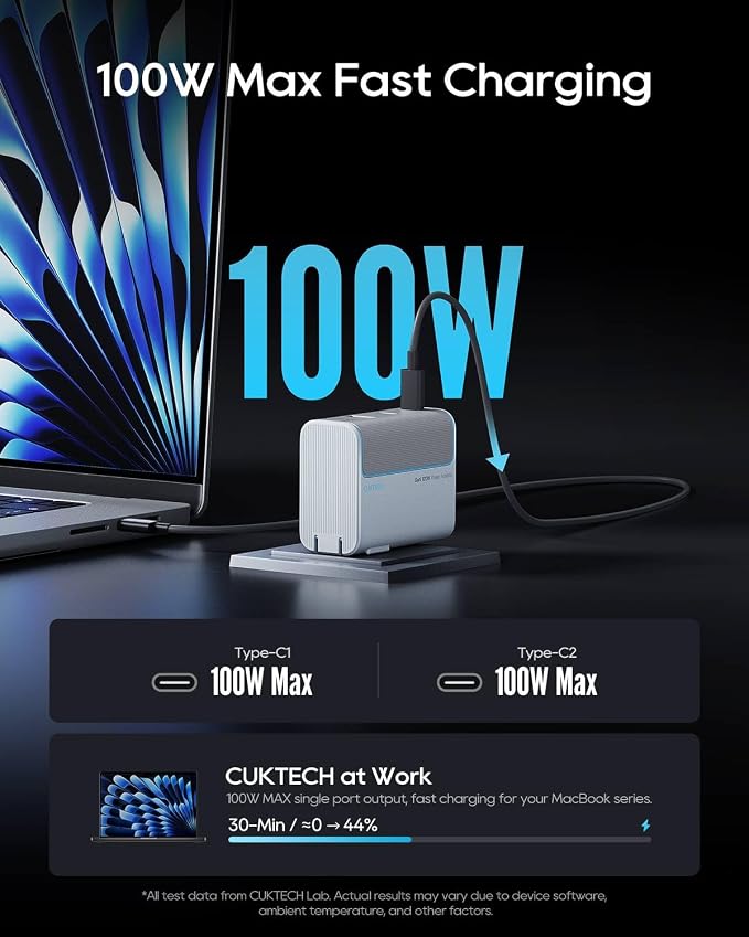 CUKTECH 100W GaN USB C Fast Charger 3-Port Wall Charger Compact Fast Charging Block Foldable Power Adapter for MacBook Pro/Air iPhone 17/16/15 Galaxy S24 Pixel Steam Deck with 240W Cable