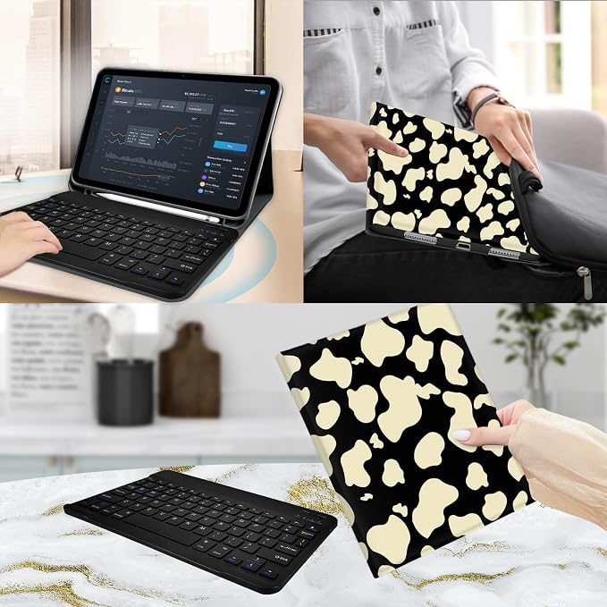 for Bluetooth Keyboard for iPad 10th Gen 10.9 inch (2022) case (A16) 11th / 10th Gen Case 11'' (2025) with 7-Color Backlights Pencil Holder Detachable Rechargeable - Black Cow