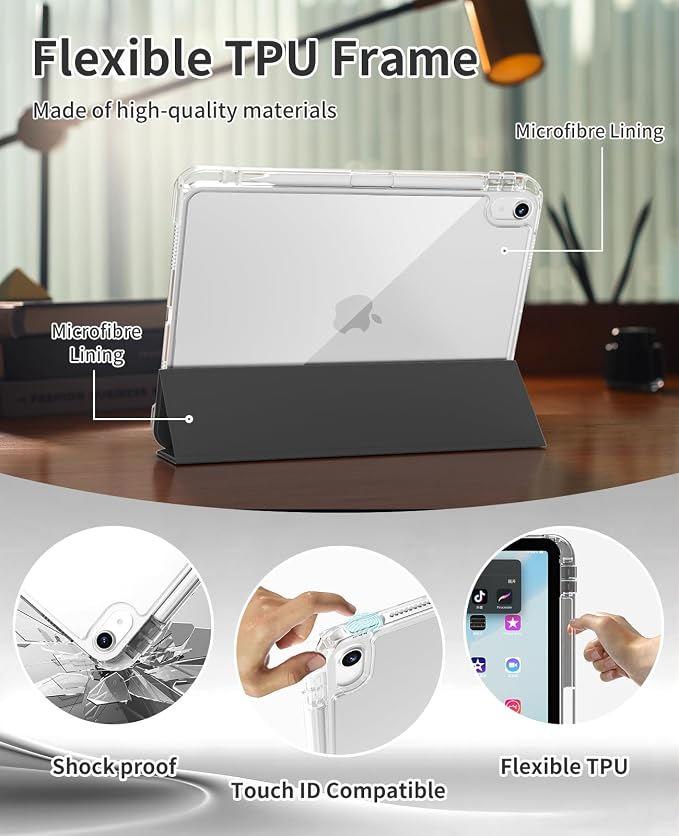 Case for iPad Air 11 M4/M3/M2 &amp iPad Air 5th/4th Gen 10.9-Black | For iPad Air 11 2026/2025/2024 &amp Air 10.9 2022/2020 2-in-1 Removable Transparent Back with Pencil Holder Auto Sleep/Wake