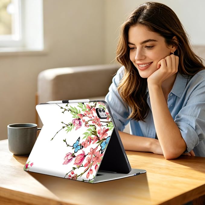 for iPad Air 13 inch Case (M4/M3/M2) iPad Pro 12.9 inch Case Hummingbird | Premium Leather Business Folio Case with Pencil Holder Multi-Angle View Adjustable Stand Pocket/Hand Strap/Auto Wake Sleep