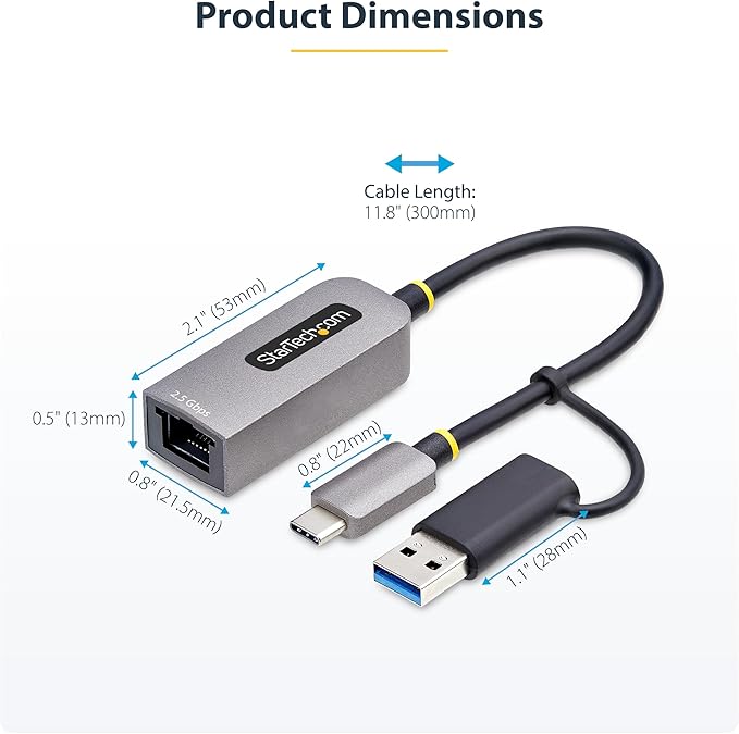StarTech.com 2.5GbE USB-C to Ethernet Adapter with USB-A Converter, NBASE-T NIC, USB 3.0 Type-C 2.5/1G Multi Speed Network