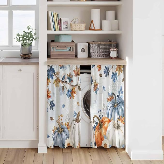 Fall Blue Maple Kitchen Tier Curtains 45 Inch Long 2 Panel Set, Rod Pocket