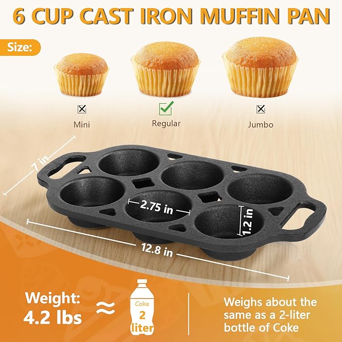 COSORM 6 Cup Cast Iron Muffin Pan - Pre-Seasoned Nonstick Muffin Tin, Regular Size Cupcake Baking Pan