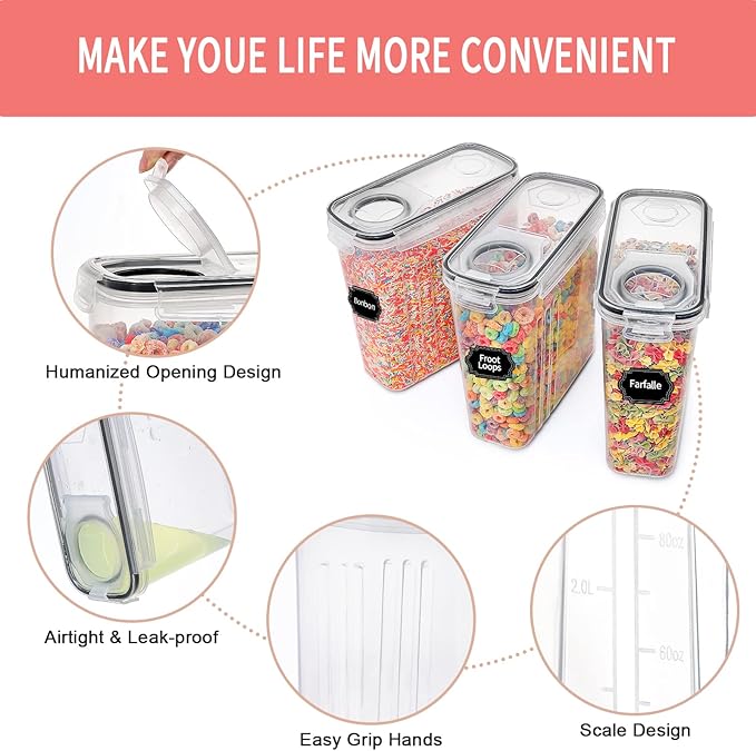 PRAKI Large Dry Food Storage Containers with Lids, 6PCS Airtight Cereal Containers Storage Set, Leak-proof Canister Set for Kitchen Pantry Organization with 20 Labels & Marker (4L Black)