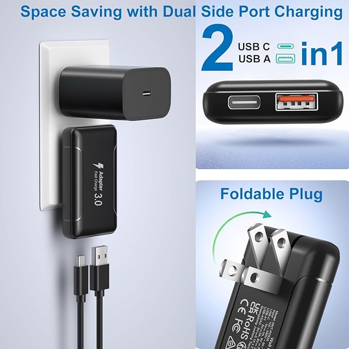 Flat USB C Wall Charger Costyle 2 Pack 50W Slim USB A and USB C Power Adapter Plug PD+QC 3.0 Fast Charging Block with Foldable Outlet Plug for Galaxy A16 A14 A03S A05iPhone 16 15(Black)