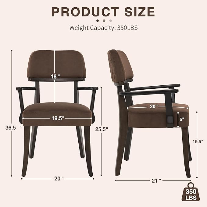 Modern Wood Dining Chairs with Arms Set of 4, Velvet Upholstered Kitchen Chairs with Open Curved Backrest & Black Hardwood Legs, Accent Chairs 350 LBS Capacity, Brown