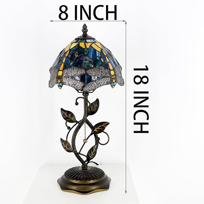 Small Tiffany Lamp Yellow Dragonfly Style Stained Glass Table Lamps Desk Bedside Reading Light 8X8X18 Inches with Bronze Metal Leaf Resin Base