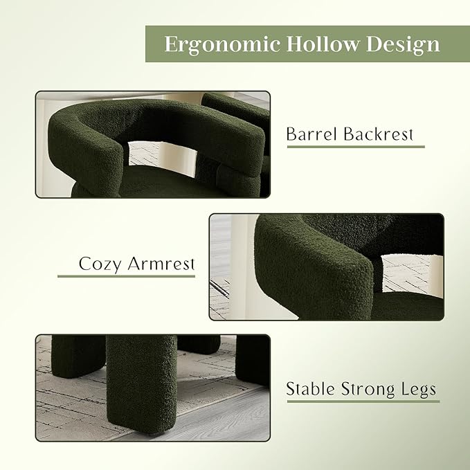 Sherpa Barrel Dining Chairs Set of 3, Upholstered Boucle Accent Kitchen Chairs with Arms, Comfy Faux Fur Side Chair Modern Armchair for Dining Room, Bedroom, Home Office, Green