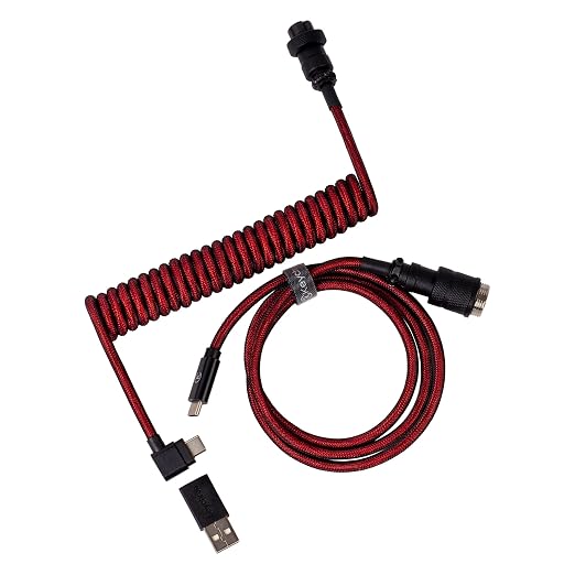 Keychron Premium Coiled USB-C Angled Purple Cable 5-Pin GX16 Detachable Metal Connector USB-A Adapter Double-Sleeved Design for Mechanical Keyboards Charging and Data Sync