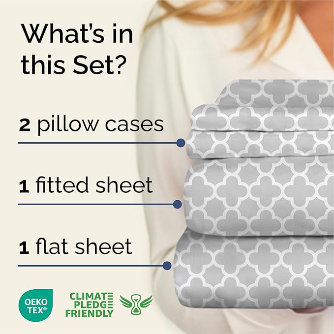 Grey Geometric Bed Sheets - 1 Flat & 1 Fitted Sheet & 2 Pillowcases w/ Deep Pockets – Wrinkle & Fade Free- Ultra-Soft, Breathable & Cooling - Luxury Moroccan Bed Set – Cal King Size - Gray Quatrefoil