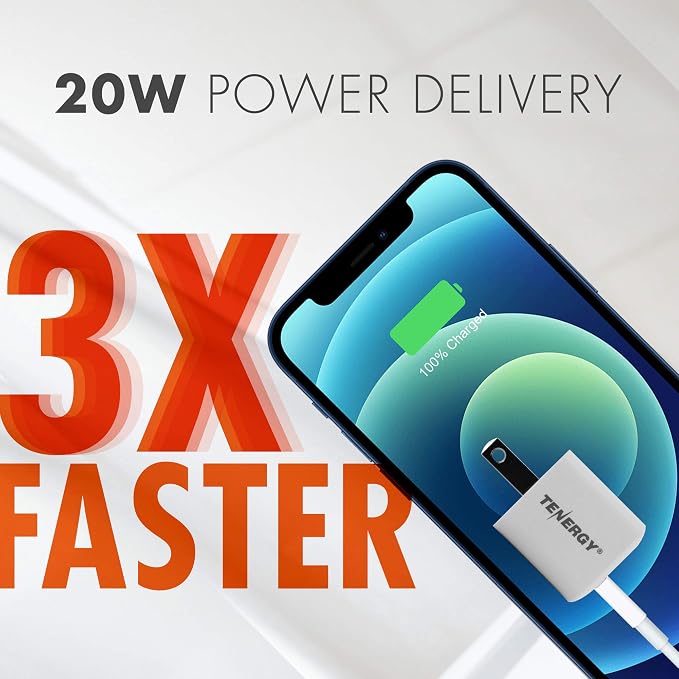 Tenergy USB-C Charger with PD 20W 2 Pack Fast Charging iPhone 12/12 Mini / 12 Pro / 12 Pro Max / 11 Galaxy Pixel 4/3 iPad Pro (Cable not Included)